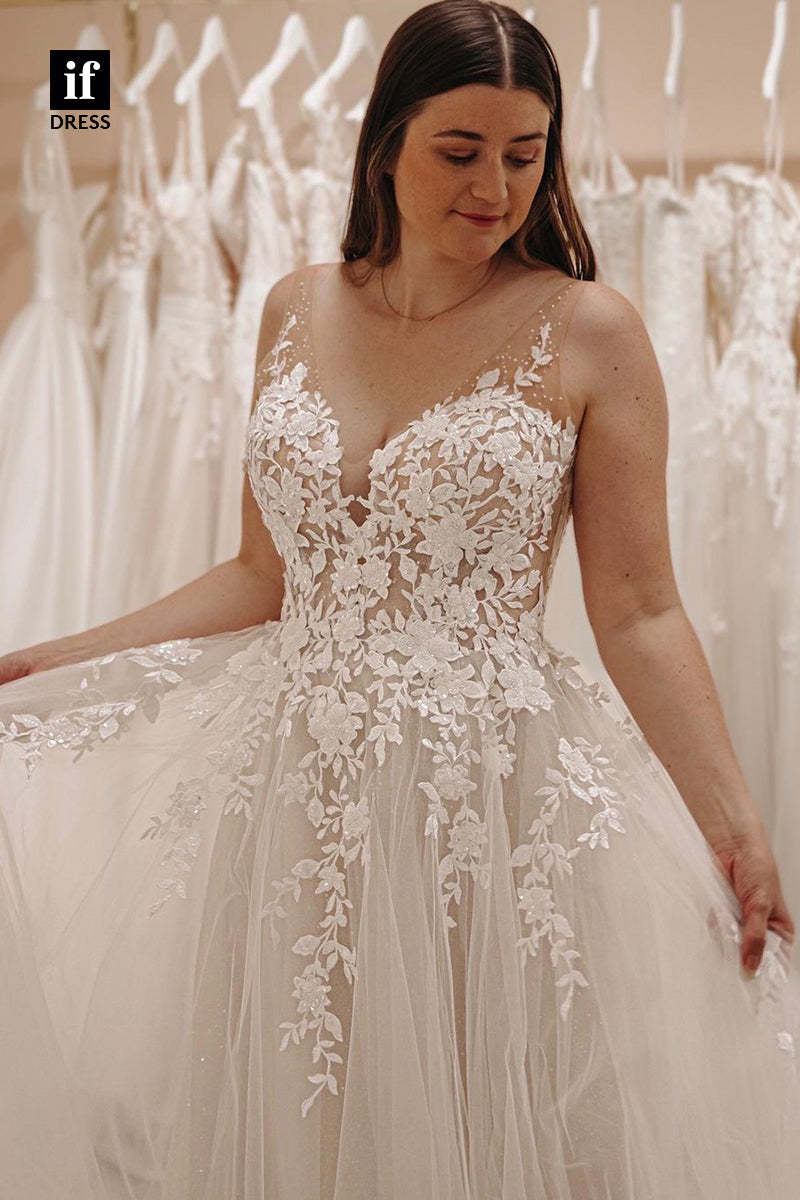 31727 - Illusion A-Line V-Neck Appliques Boho Wedding Dress