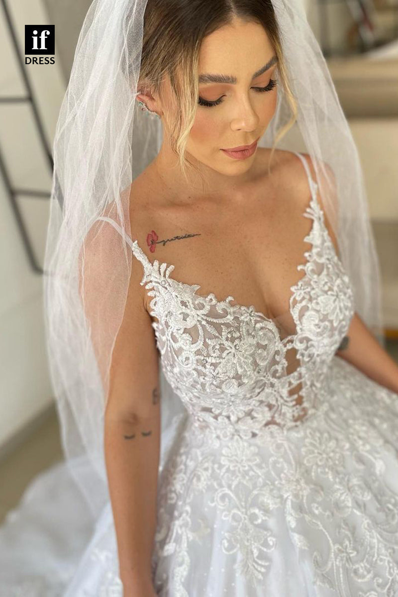 31729 - Classic Spaghetti Straps Appliques Lace Boho Wedding Dress