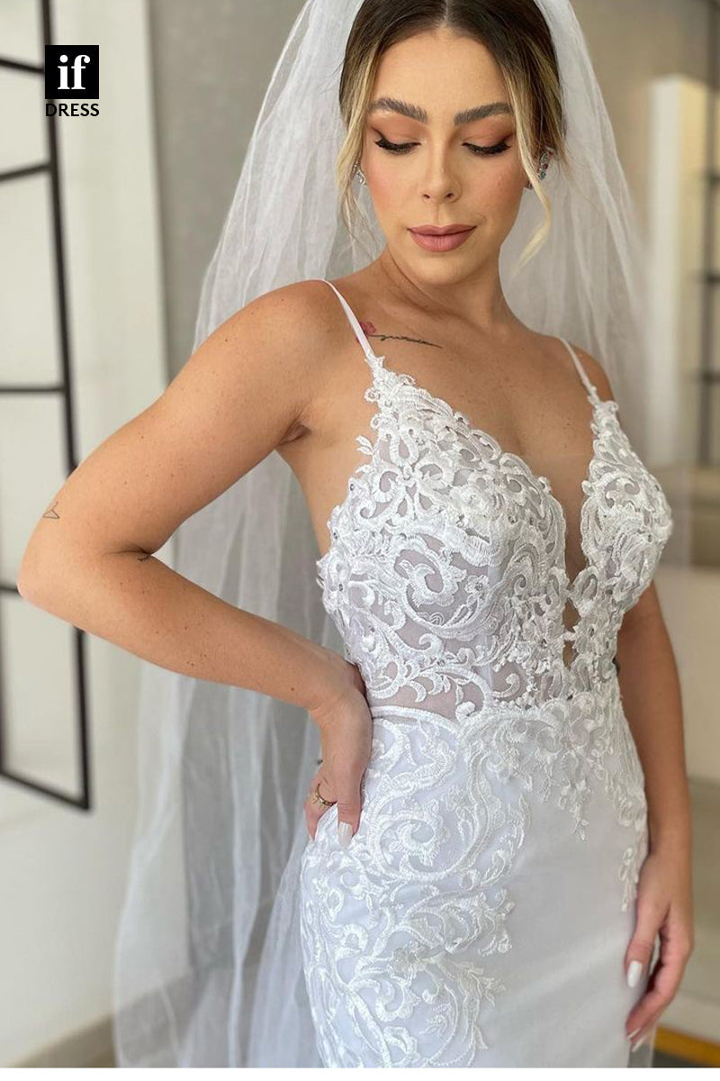 31730 - Elegant V-Neck Spaghetti Straps Lace Appliques Sheath Wedding Dress