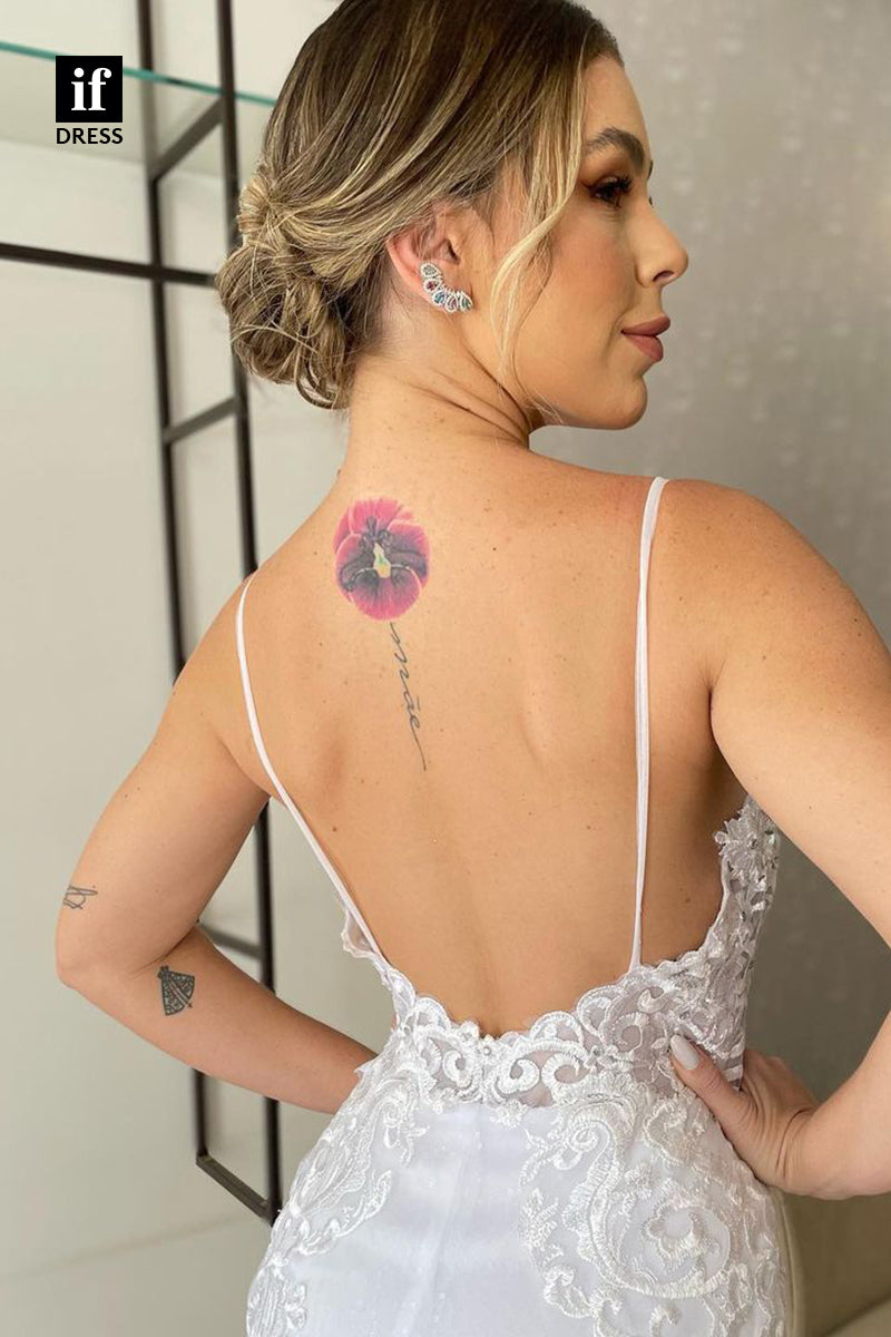 31730 - Elegant V-Neck Spaghetti Straps Lace Appliques Sheath Wedding Dress