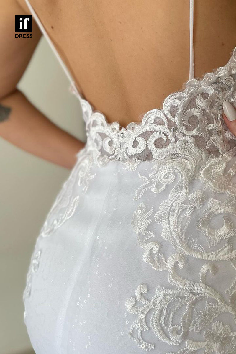 31730 - Elegant V-Neck Spaghetti Straps Lace Appliques Sheath Wedding Dress