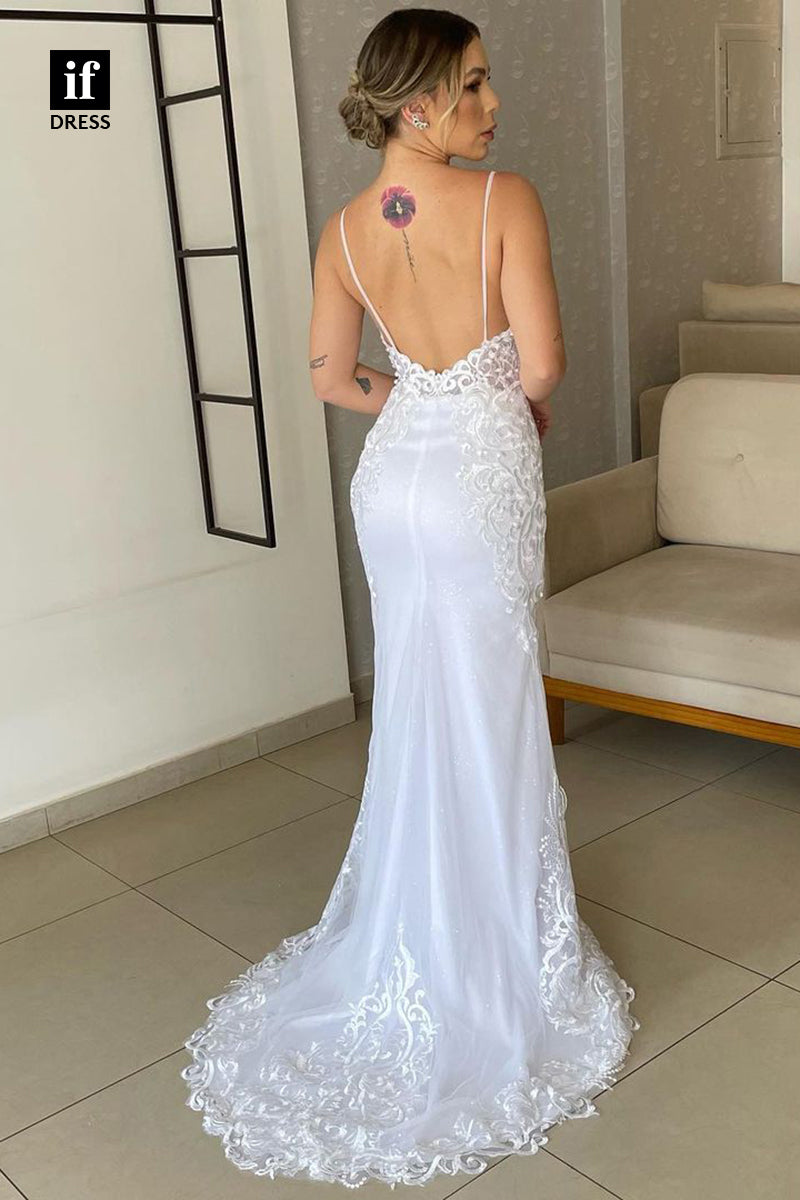 31730 - Elegant V-Neck Spaghetti Straps Lace Appliques Sheath Wedding Dress