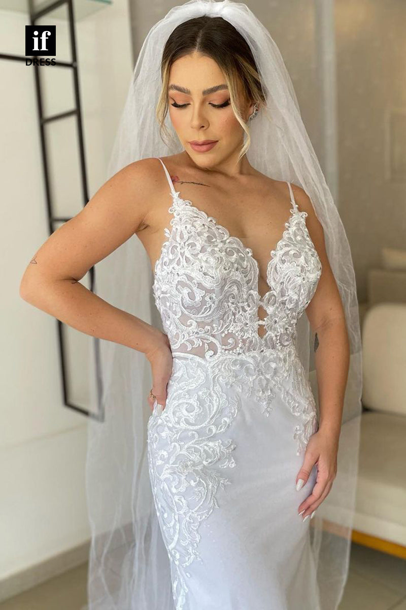 31730 - Elegant V-Neck Spaghetti Straps Lace Appliques Sheath Wedding Dress