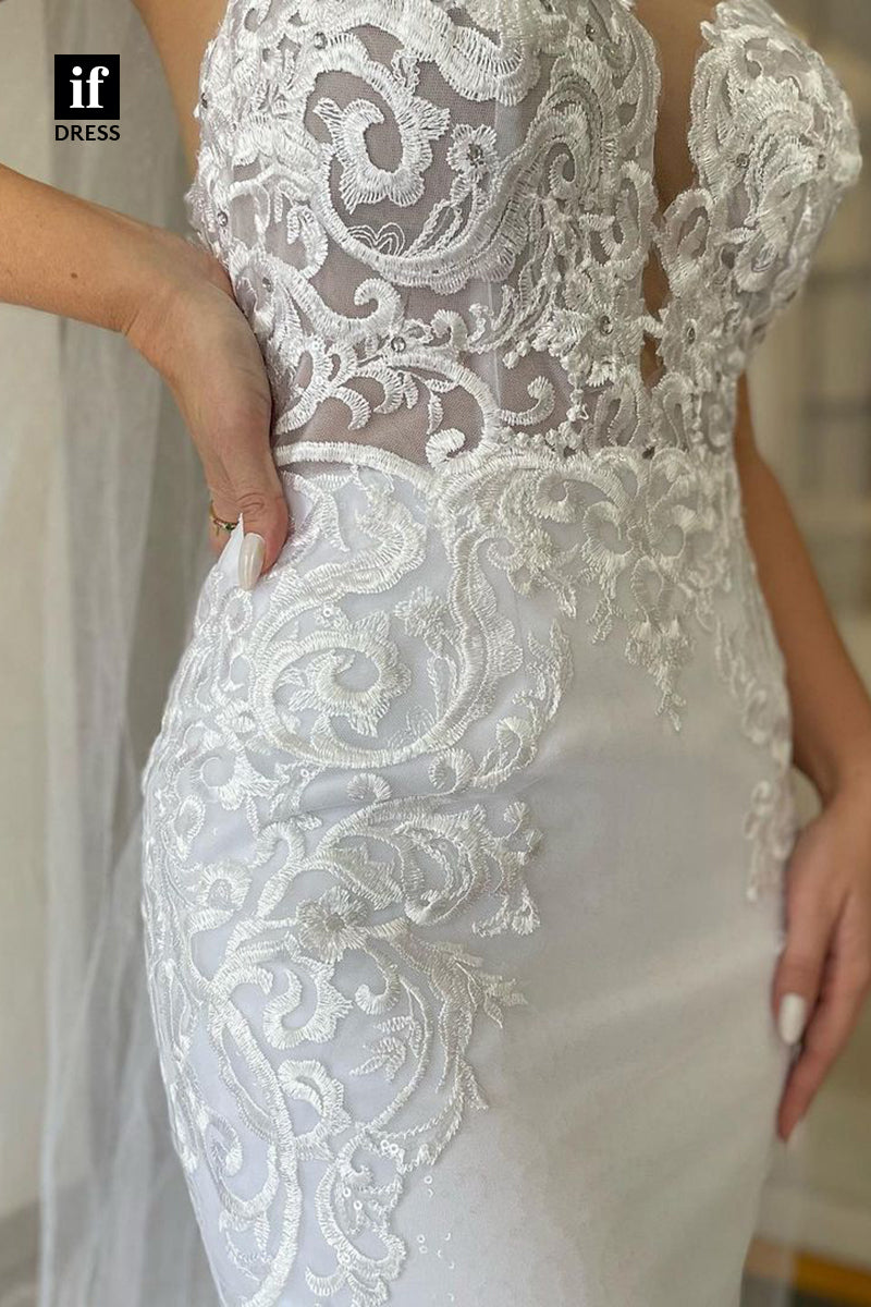 31730 - Elegant V-Neck Spaghetti Straps Lace Appliques Sheath Wedding Dress