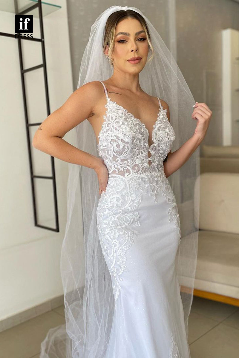 31730 - Elegant V-Neck Spaghetti Straps Lace Appliques Sheath Wedding Dress