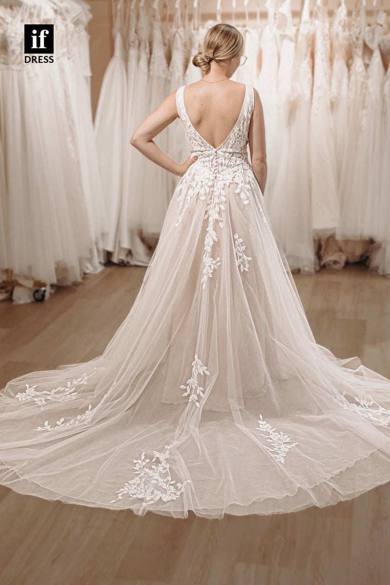 31723 - Generous Straps V-Neck Appliques Lace Tulle Boho Wedding Dress