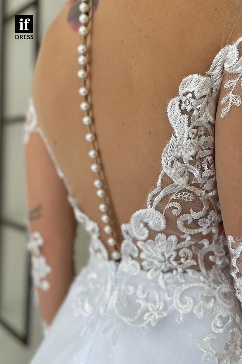 31731 - Romantic Long Sleeves V-Neck Appliques Boho Wedding Dress