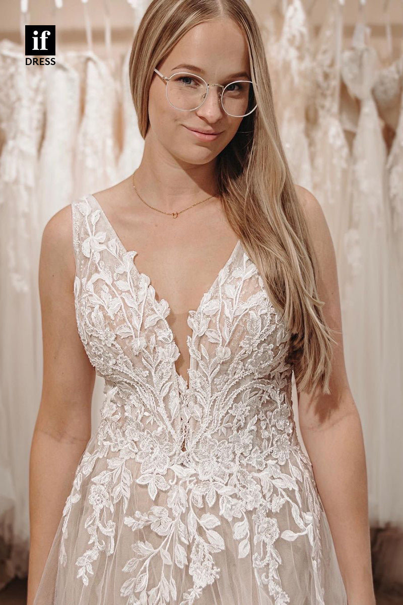 31723 - Generous Straps V-Neck Appliques Lace Tulle Boho Wedding Dress