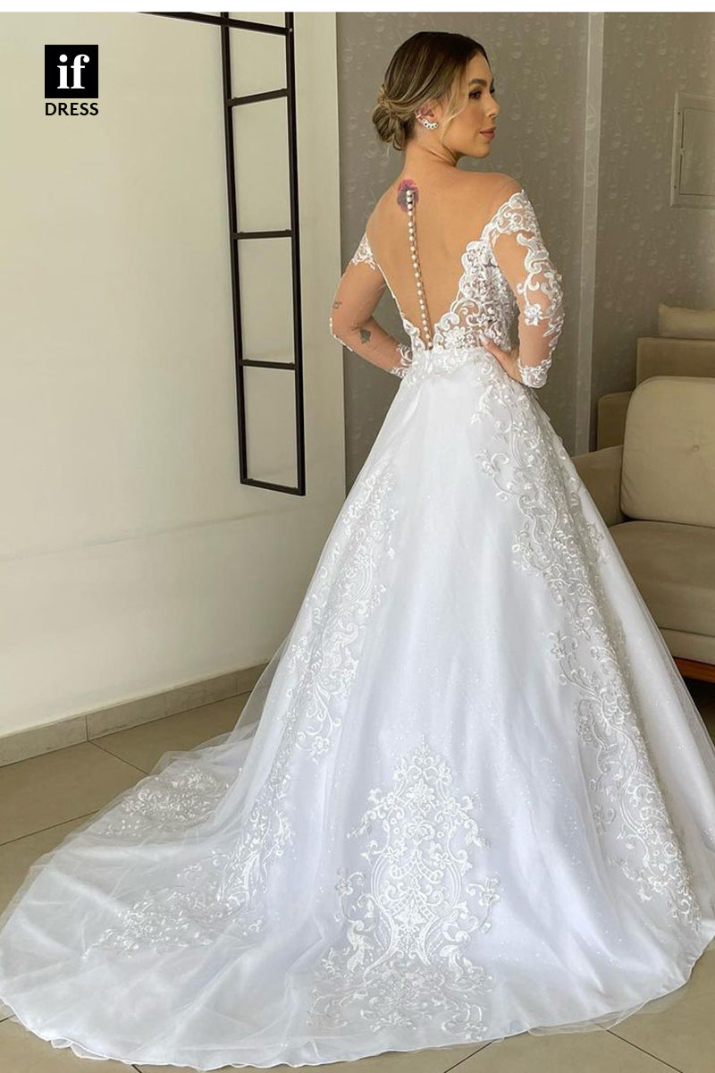 31731 - Romantic Long Sleeves V-Neck Appliques Boho Wedding Dress