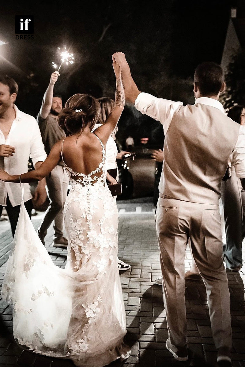 31732 - Exquisite V-Neck Laxe Appliques Sheath Beach Wedding Gown