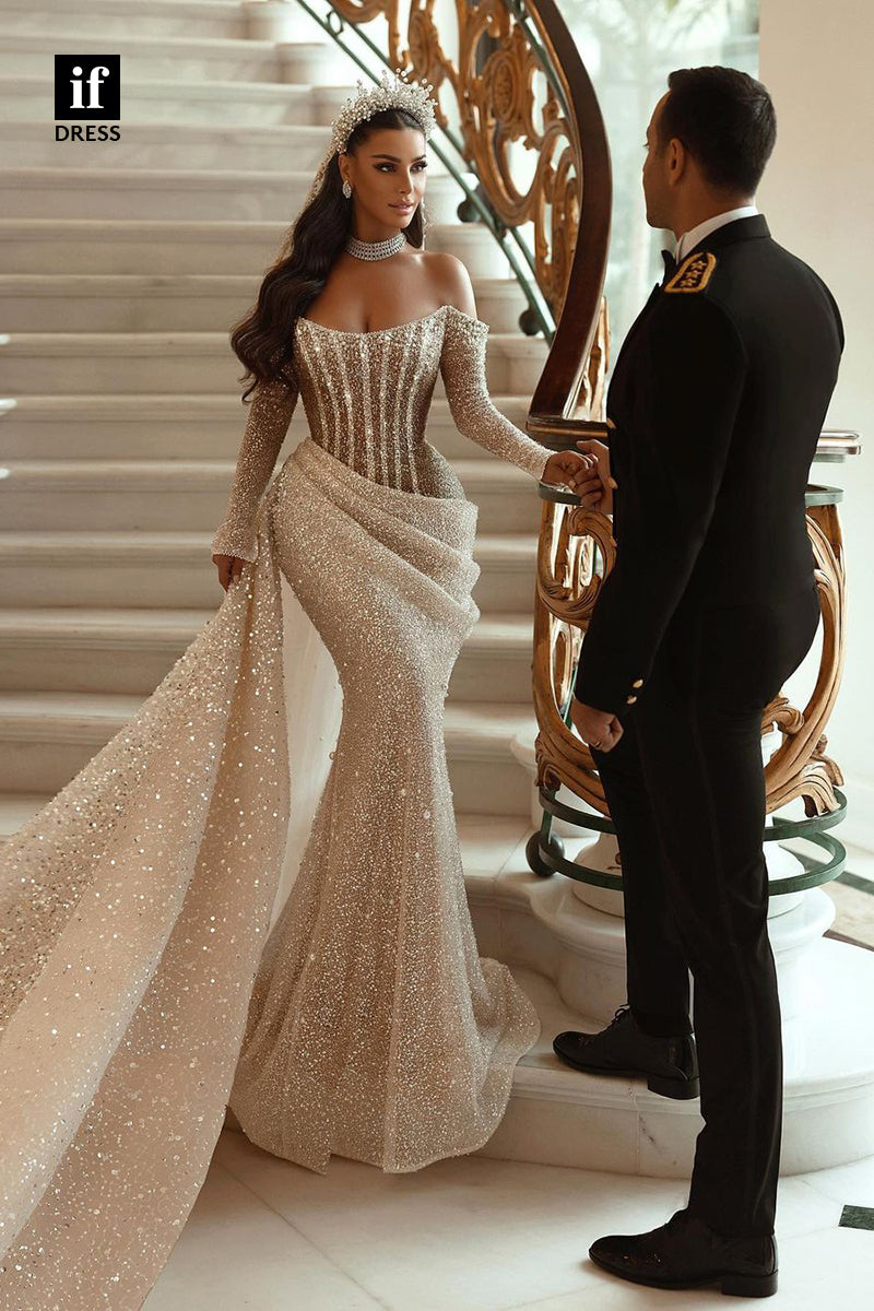 31737 - Glamorous Scoop Pleats Sequined Long Sleeves Boho Wedding Dress with Train