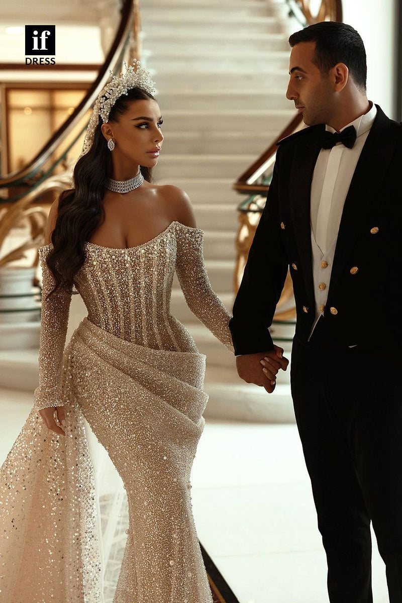31737 - Glamorous Scoop Pleats Sequined Long Sleeves Boho Wedding Dress with Train
