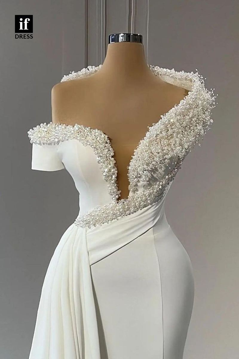 31738 - Gorgeous Beads V-Neck Satin Sheath/Column Boho Wedding Dress with Train