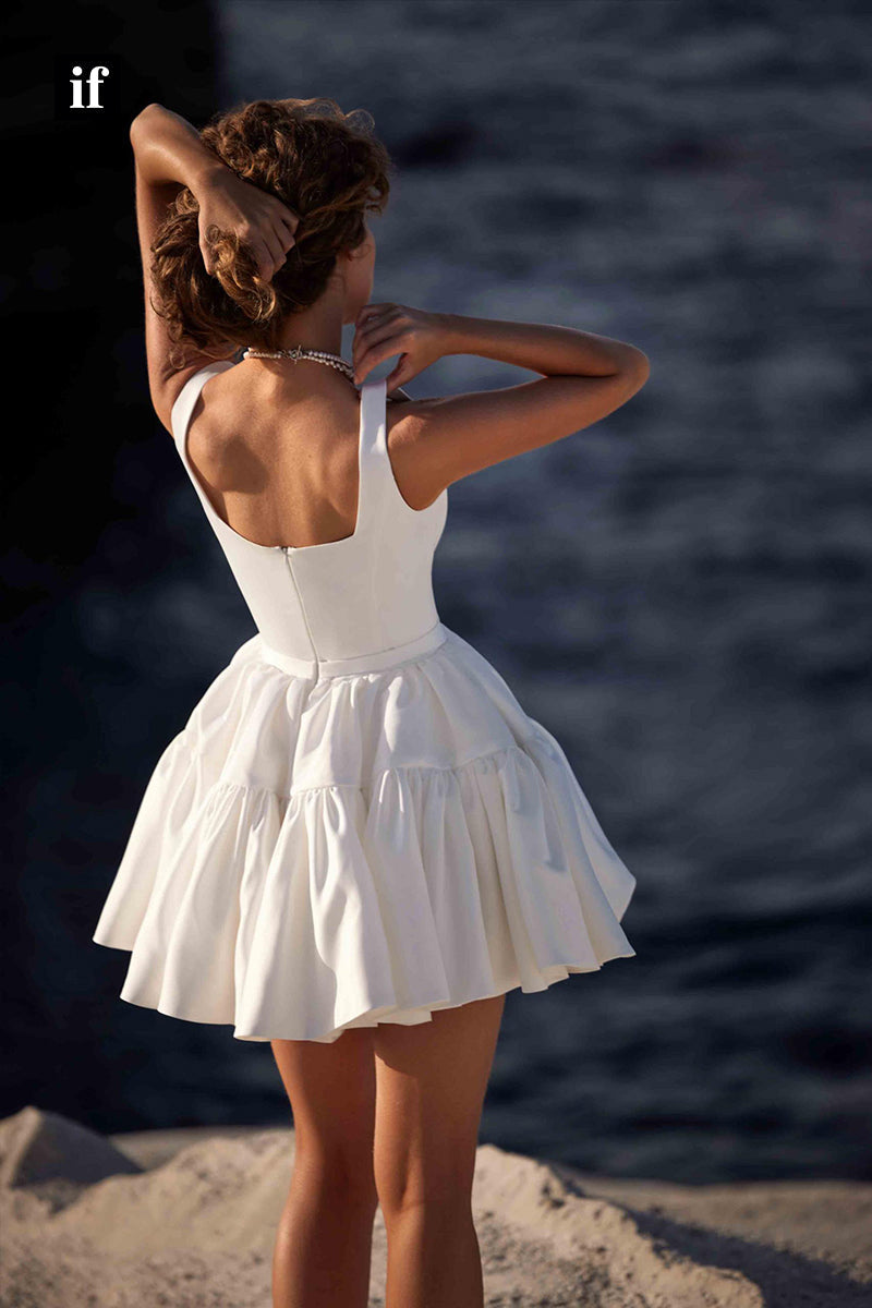 31739 - Classic A-Line Straps Square Sleeveless Short Beach Wedding Dress