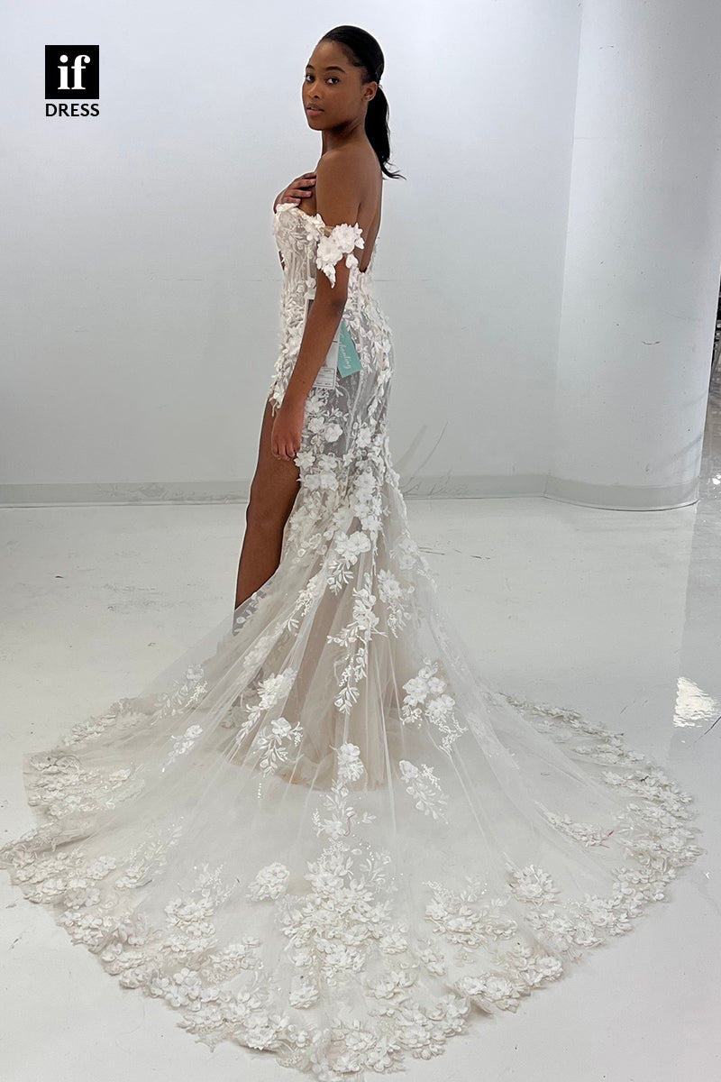 31666 - Illusion V-neck 3D Lace Bohemian Wedding Dress with Slit