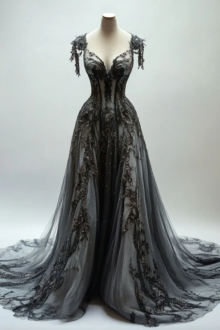 Black Appliques A-line V-neck Lace Tulle Sequin Long Prom Dress, Dark Gray Formal Evening Gowns - FashionDia
