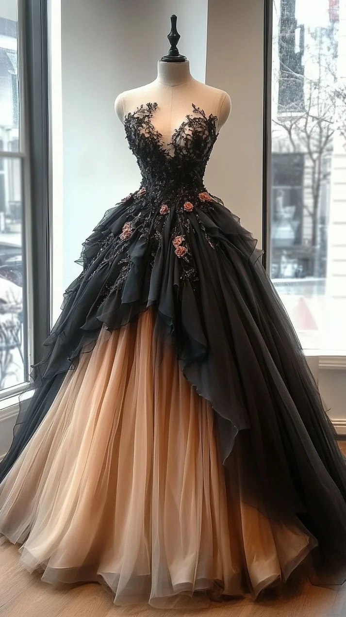 Charming A-Line Sweetheart Neck Beaded Flower Ruffle Tulle Long Prom & Evening Dress - FashionDia