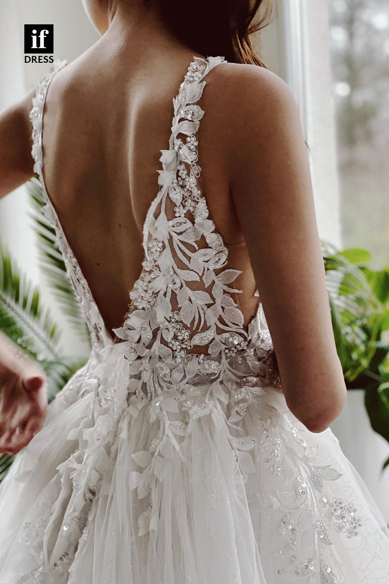 31681 - A Line V-Neck Lace Appliques Rustic Wedding Dress