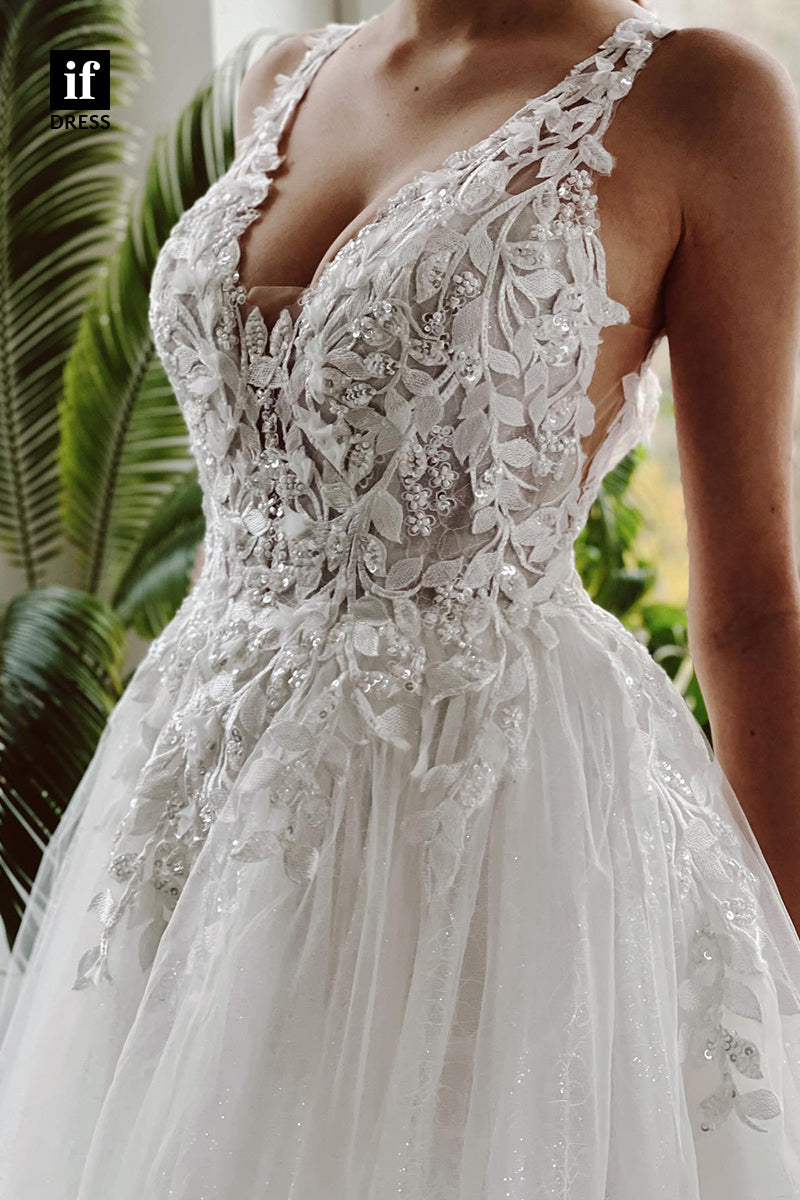 31681 - A Line V-Neck Lace Appliques Rustic Wedding Dress