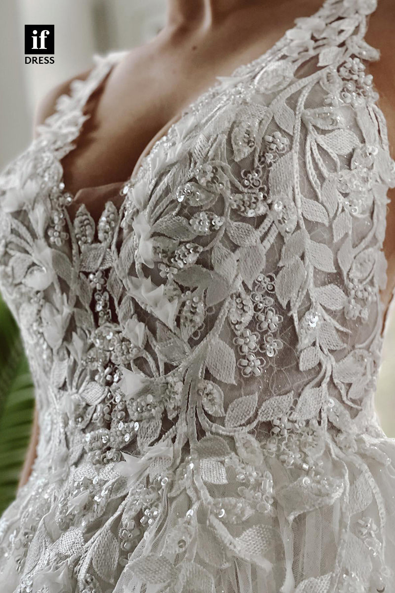 31681 - A Line V-Neck Lace Appliques Rustic Wedding Dress