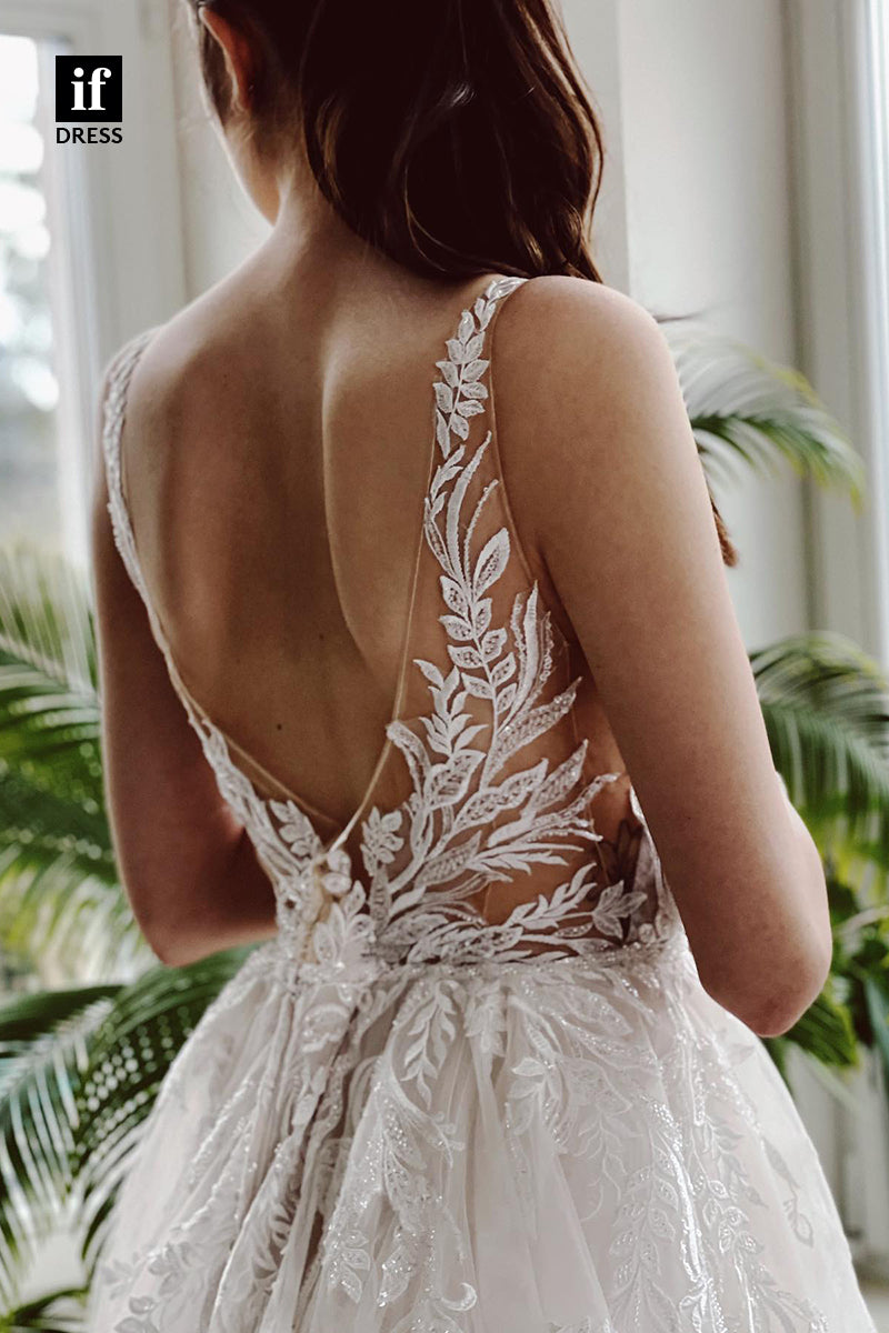 31670 - A Line Attrative V-Neck Lace Appliques Rustic Wedding Dress