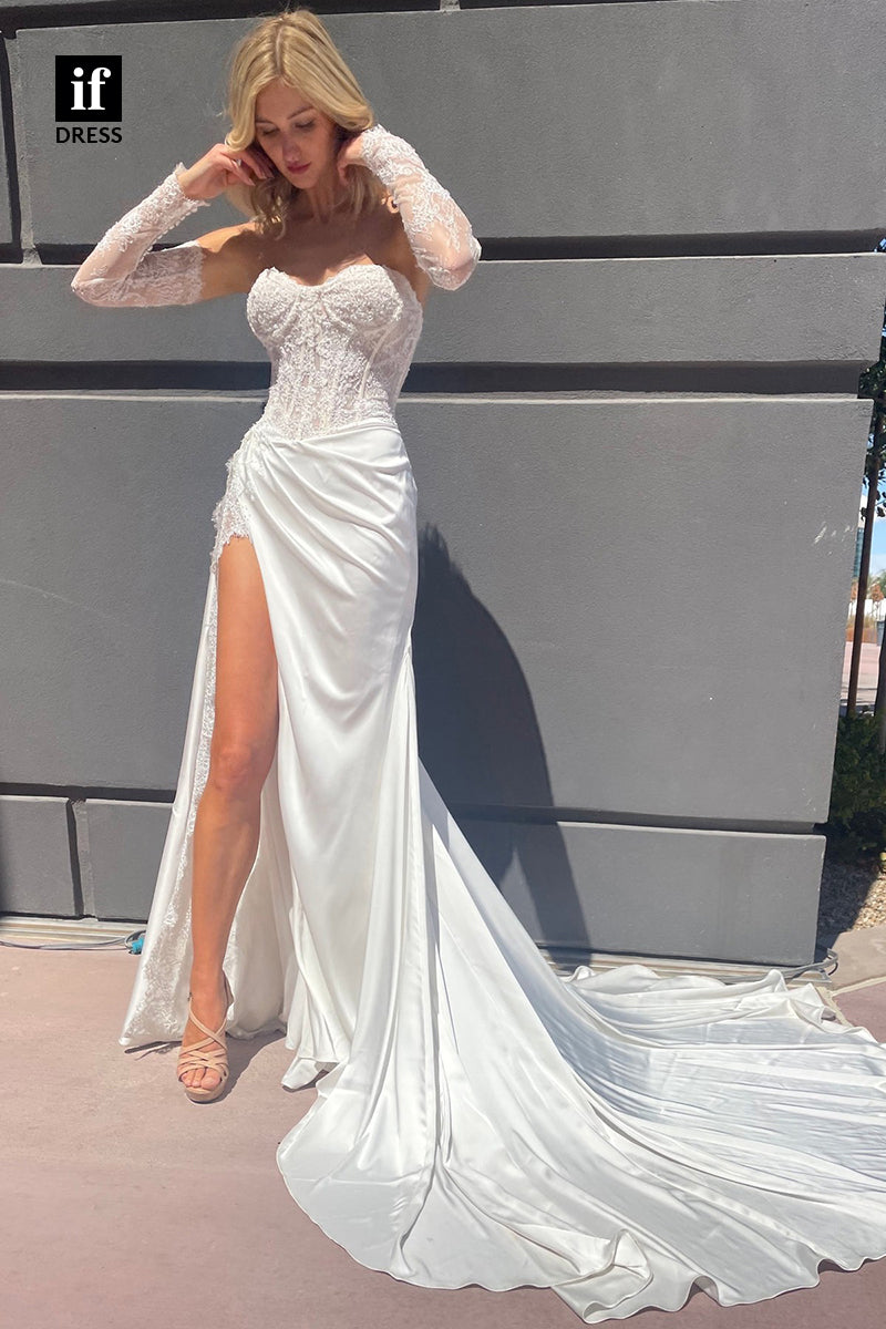 31665 - Romantic Sweetheart Lace Top High Split Bohemian Wedding Dress