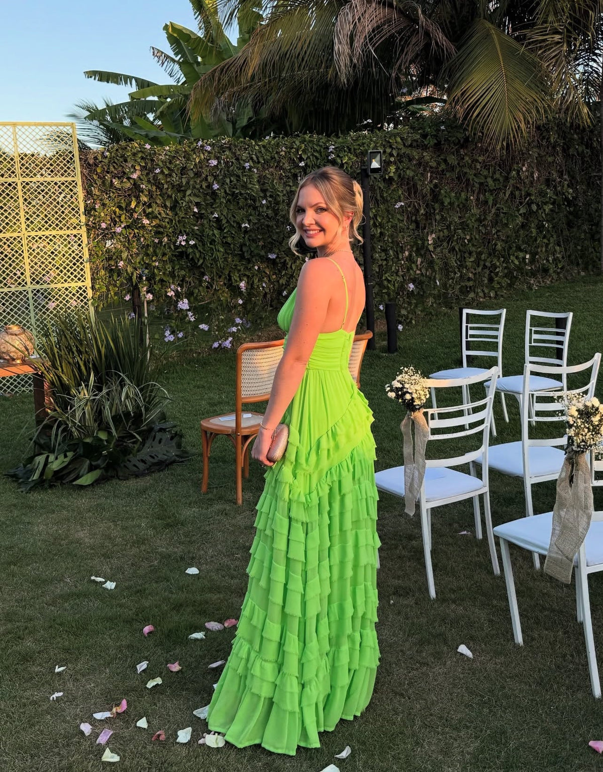 Spaghetti Straps Green A-Line Wedding Guest Dress Ruffle Prom Dress