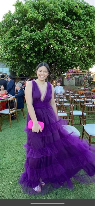 Deep V Neck Purple A-line Tulle Prom Dress,Purple Formal Gown