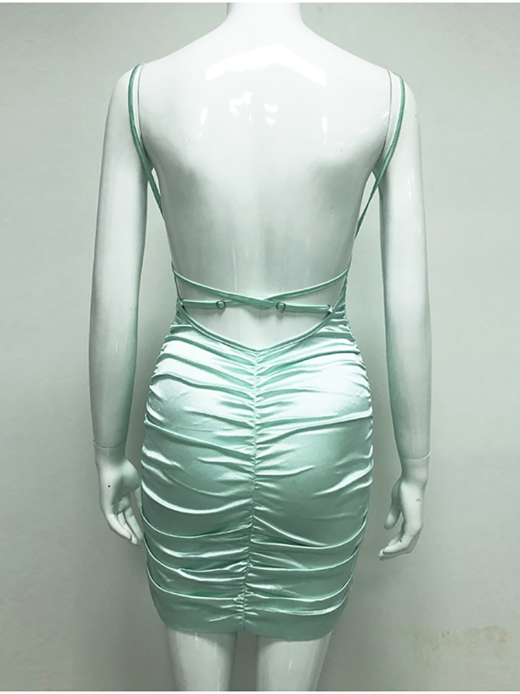 Summer Ruched Dress Women Square Neck Backless Criss-cross Straps Sexy Dress Mint Elastic Slim-Fit Bodycon Dresses Sexy Homecoming Dress - View 3 | FashionDia