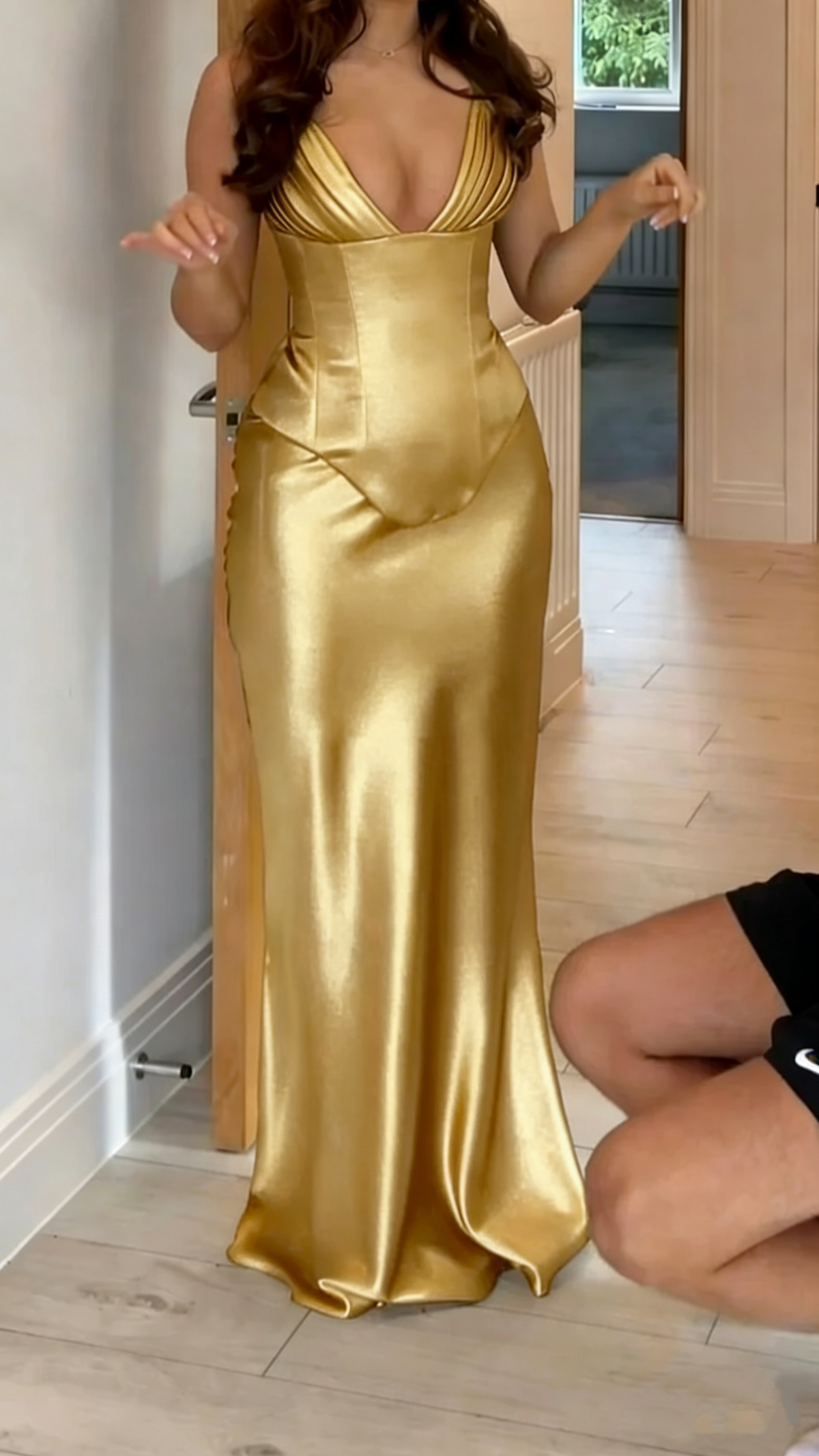Classy Olive Green V-Neck Satin Mermaid Party Dress Long Evening Gown - View 8 | FashionDia