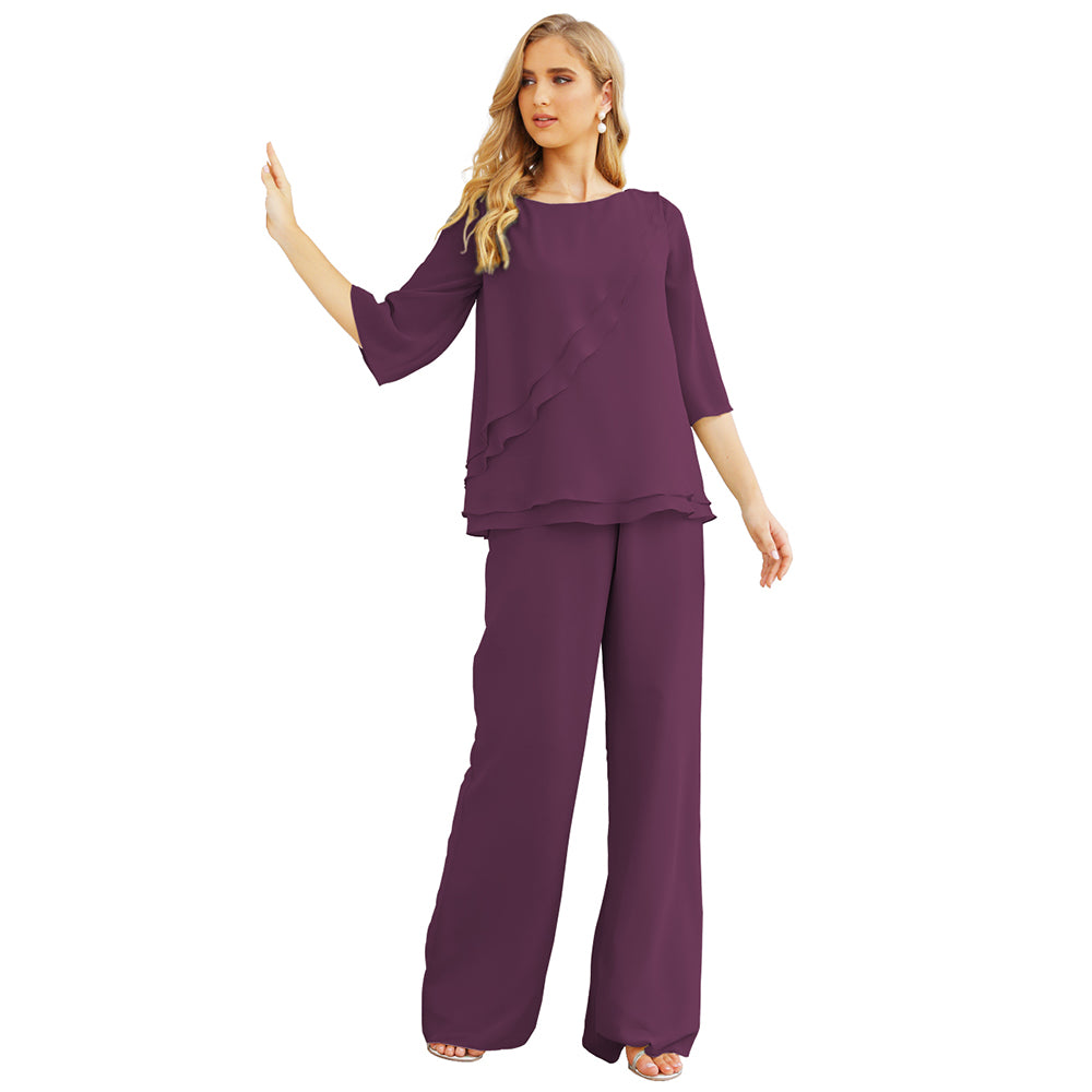 Sunnderly Chiffon Mother of The Bride Dress Plus Size Pant Suits Ruffle Layers