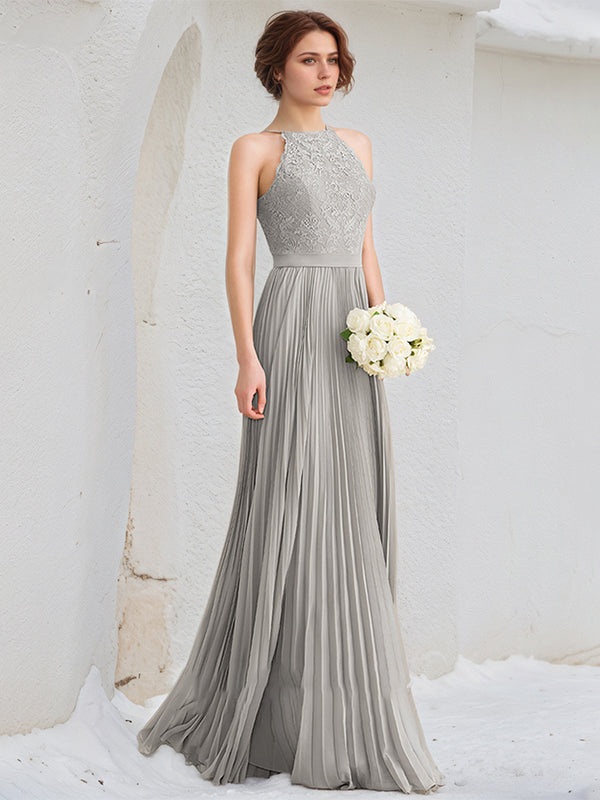 Silver A-Line Scoop Floor-Length Lace Chiffon Dresses With Pleated - View 5 | FashionDia