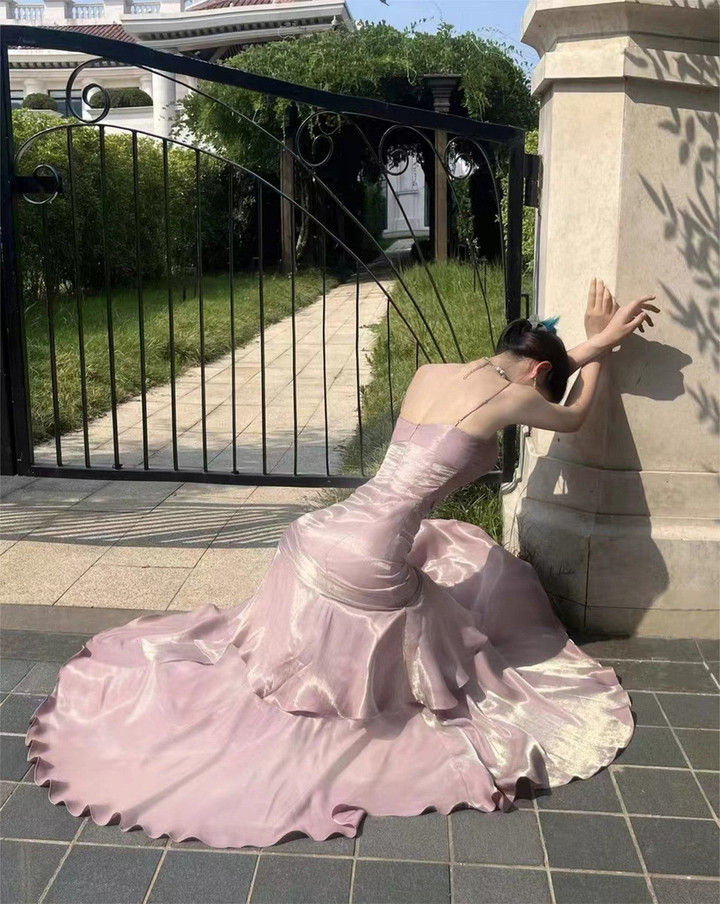 Chic Pink Satin Straps Long Party Dress Satin Mermaid Prom & Evening Dress - View 4 | FashionDia