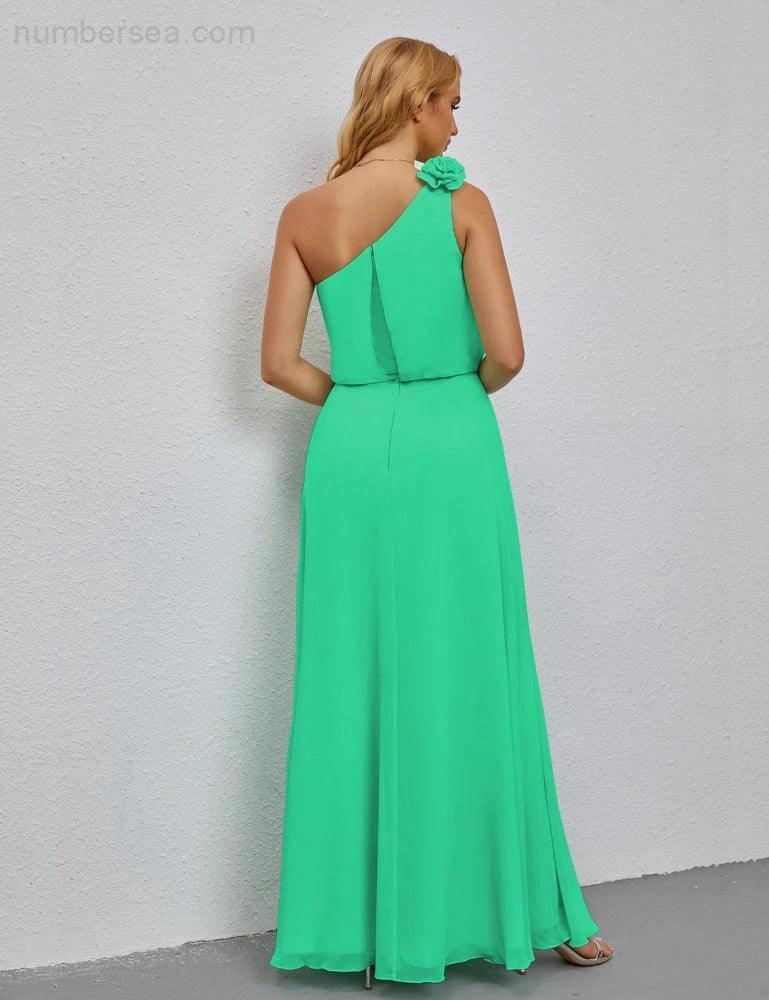 Ruffled One Shoulder Sleeveless Long Bridesmaid Dresses A-line Formal Evening Gown Side Split 28080 (ZD17018)