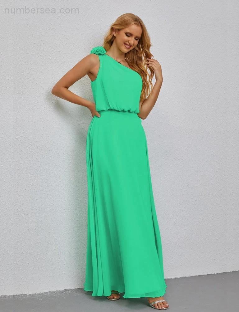 Ruffled One Shoulder Sleeveless Long Bridesmaid Dresses A-line Formal Evening Gown Side Split 28080 (ZD17018)
