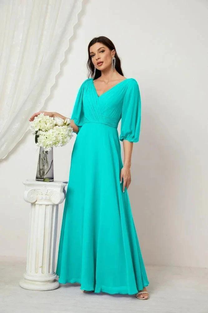 Numbersea Formal Prom Gown Women V-Neck Chiffon Bridesmaid Dresses Long Bishop Sleeve Party Dress 2807 by numbersea