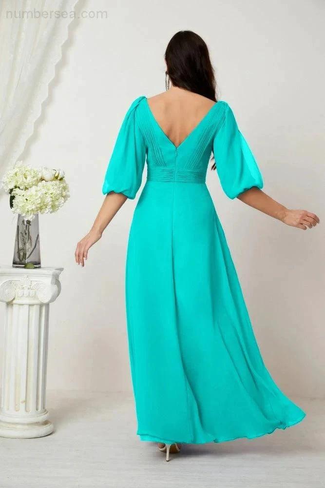 ZapDress Formal Prom Gown Women V-Neck Chiffon Bridesmaid Dresses Long Bishop Sleeve Party Dress 2807 (ZD17027)