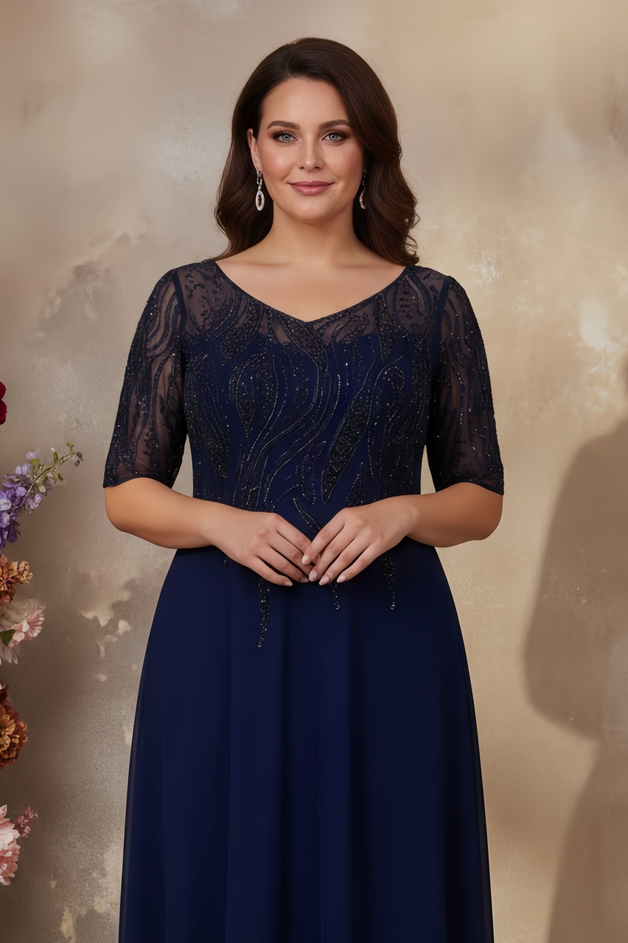 Elegant V-Neck Half Sleeve Evening Gown with Beaded Bodice