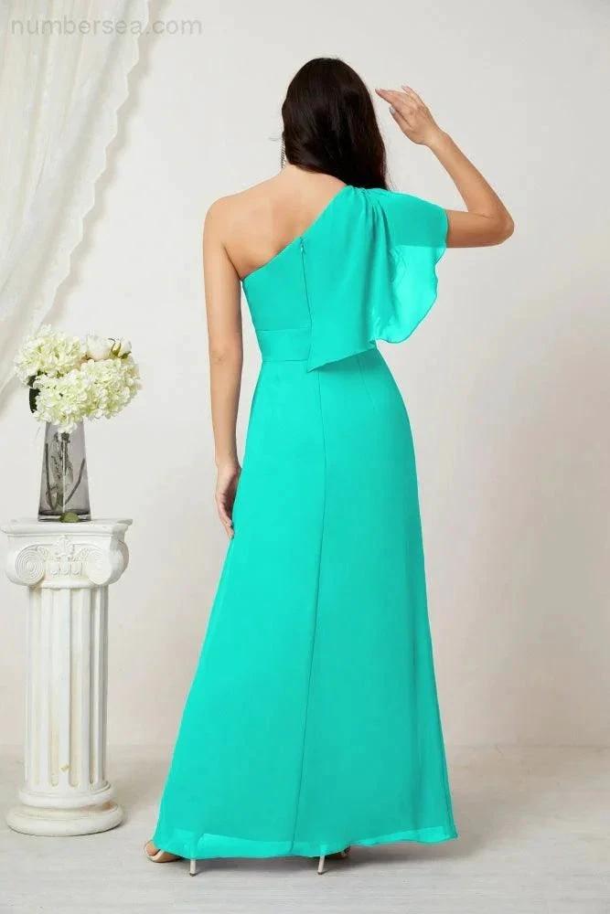 ZapDress Chiffon Ruffled One Shoulder Long Bridesmaid Dresses A-line Formal Evening Gown Side Split 2809 (ZD17049)