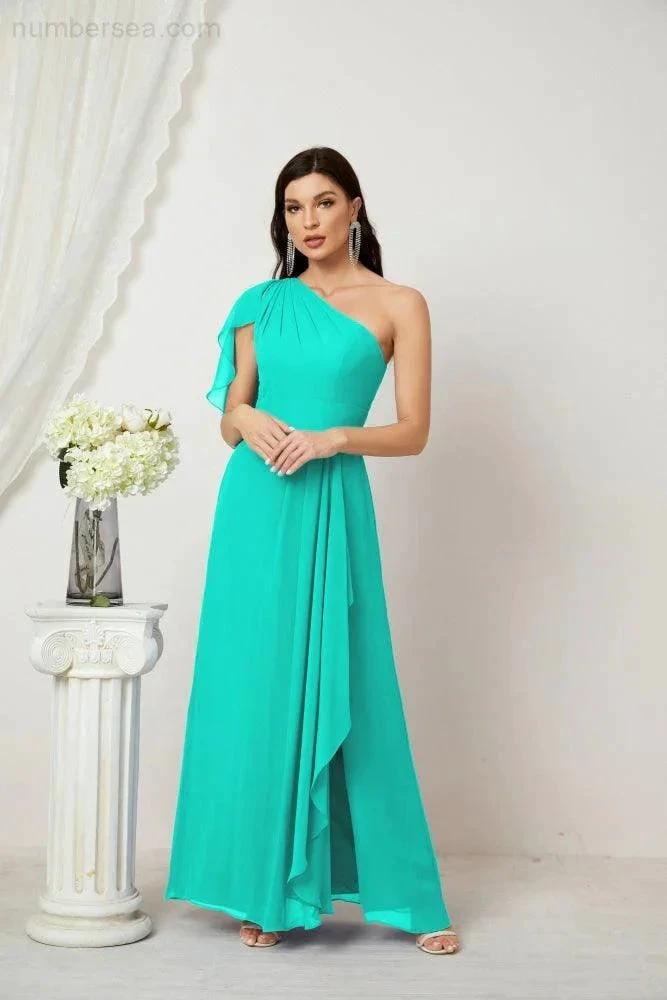 ZapDress Chiffon Ruffled One Shoulder Long Bridesmaid Dresses A-line Formal Evening Gown Side Split 2809 (ZD17049)