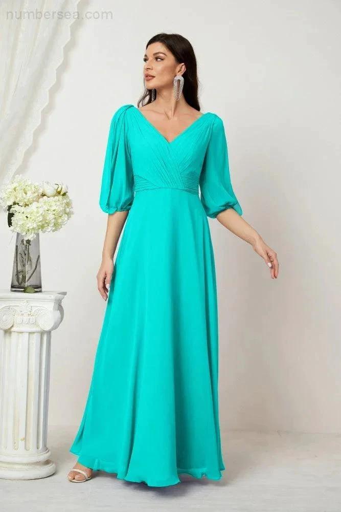 ZapDress Formal Prom Gown Women V-Neck Chiffon Bridesmaid Dresses Long Bishop Sleeve Party Dress 2807 (ZD17027)