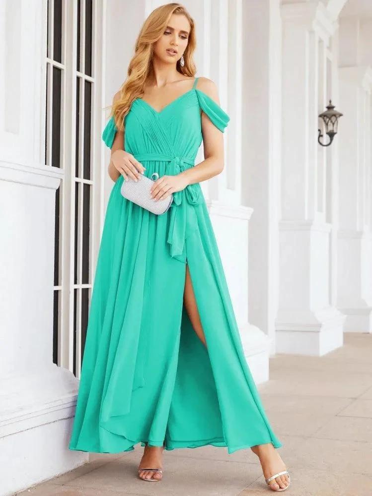 Numbersea Off The Shoulder Chiffon Bridesmaid Dress Long Formal Graduation Gown with Cowl Back 28069 by numbersea