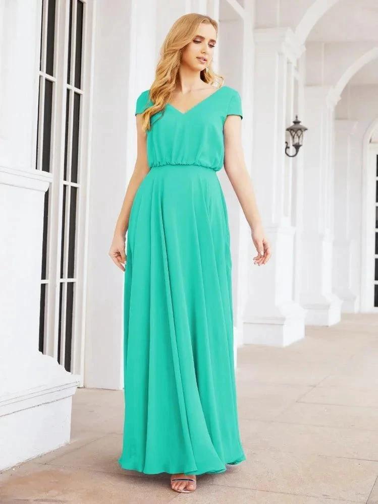 Numbersea V-Neck Bridesmaid Dresses Long Cap Sleeves Prom Evening Formal Gowns 28071 by numbersea