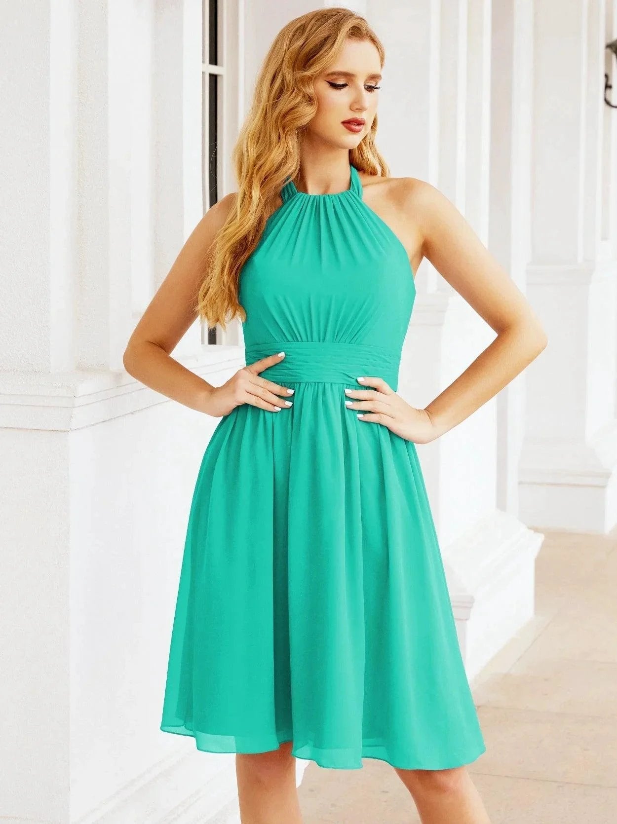 ZapDress Halter Chiffon Bridesmaid Dresses Short Sleeveless Formal Party Dress Open Back 28023 (ZD16957)