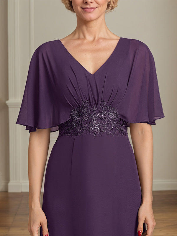 A-Line V-Neck Floor-Length Chiffon Mother of the Bride Dress With Appliques Pleated - View 6 | FashionDia