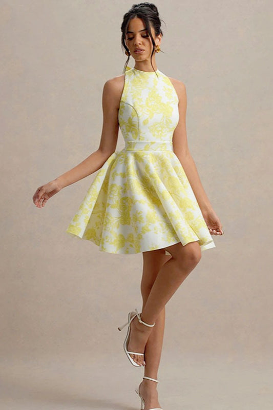 High Waist Backless ALine Mini Floral Dress