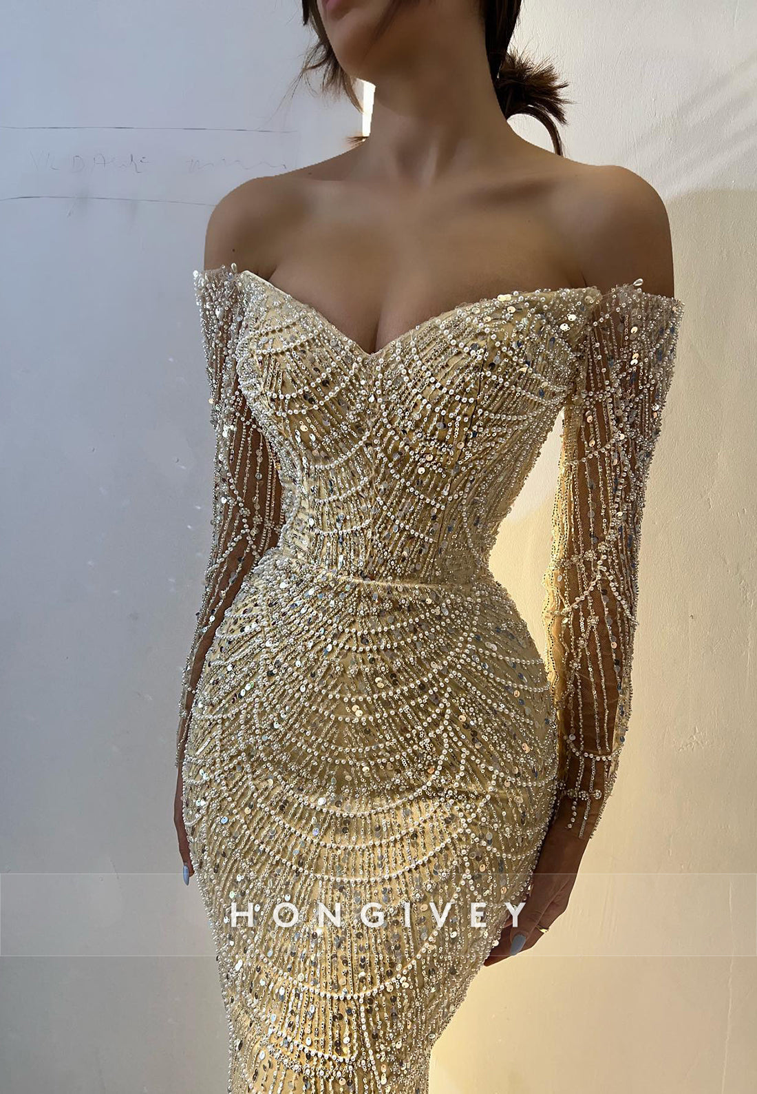 L2956 - Beaded Off-Shoulder Long Sleeves Trumpet Party Prom Evening Dress
