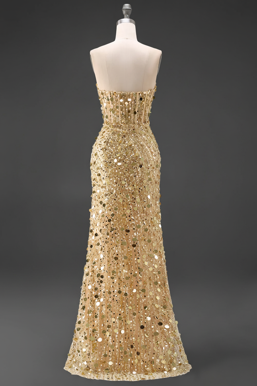 Sparkly Gold Fully Beaded Prom Dress with Deep V Neck Slit and Open Back (ZD17393)