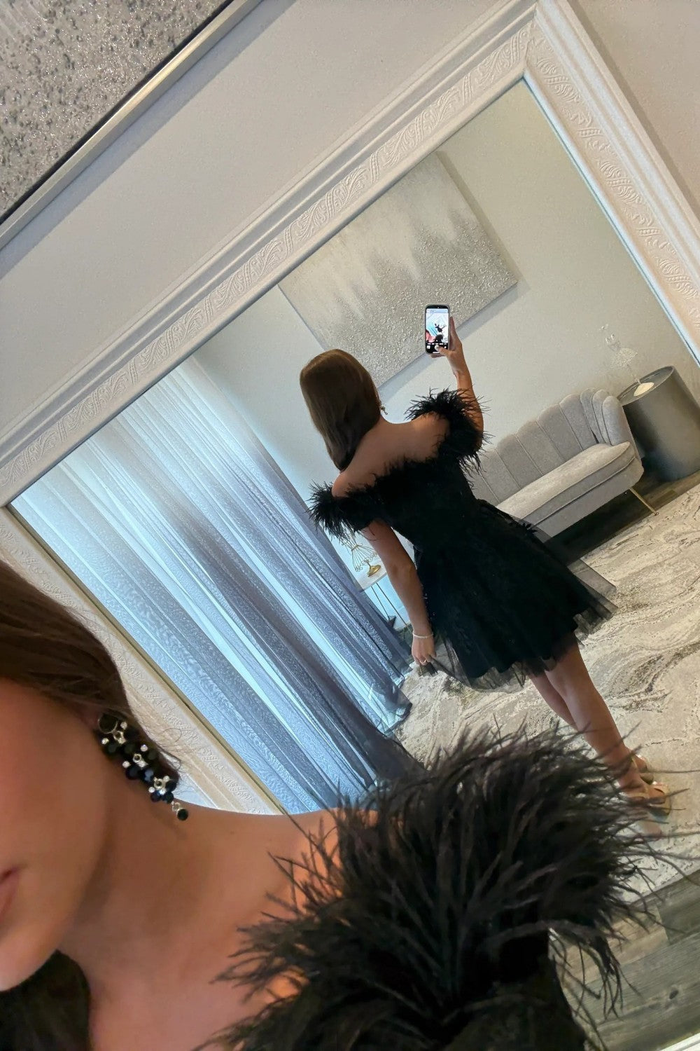 Elegant A Line Off the Shoulder Black Short Homecoming Dress with Feather