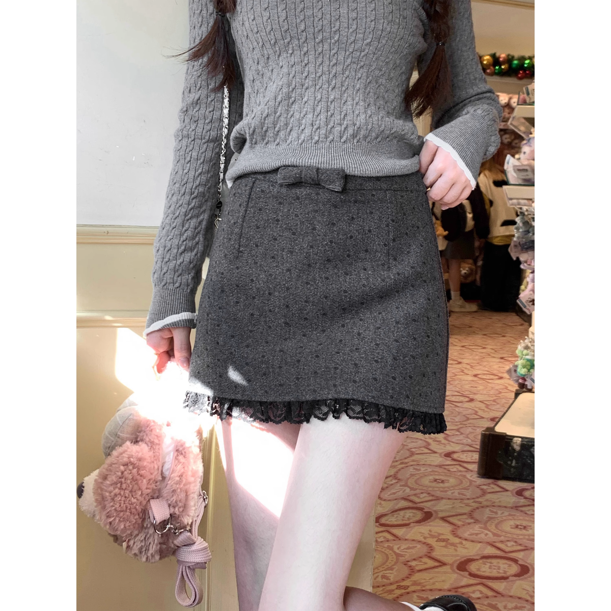 Wool polka dot lace bow midi skirt - FashionDia